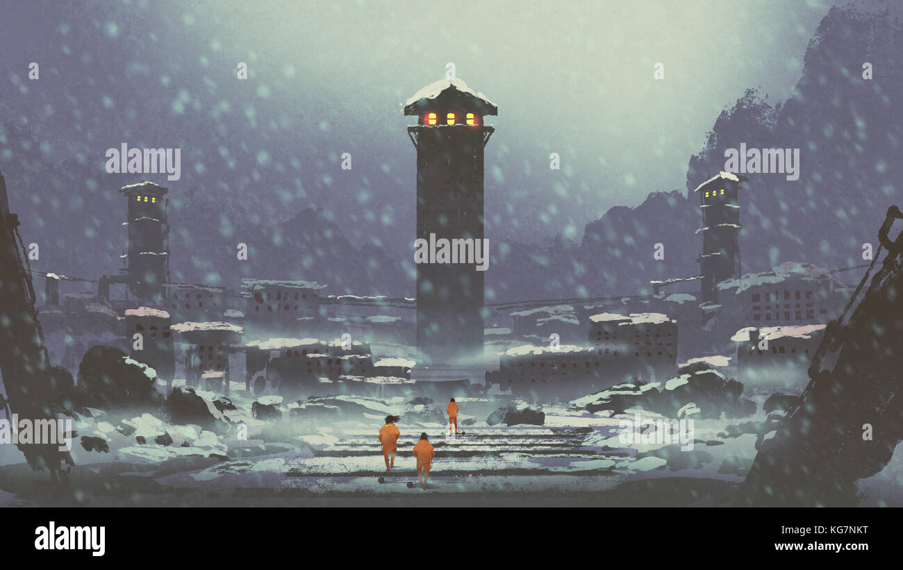 three prisoners walking in the abandoned prison in winter, digital art style, illustration painting Stock Photo