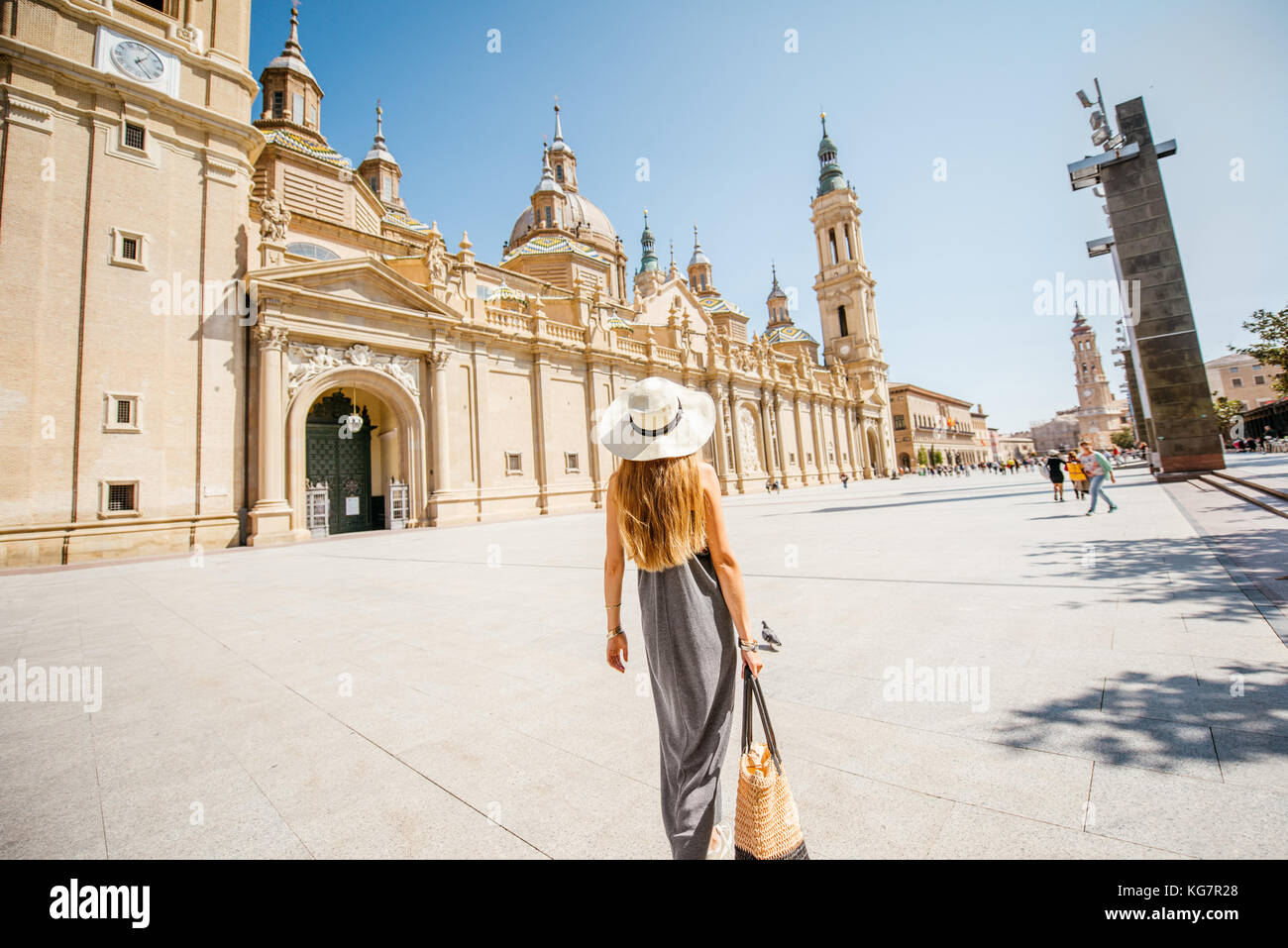 Woman traveling in Zaragoza city, Spain Stock Photo