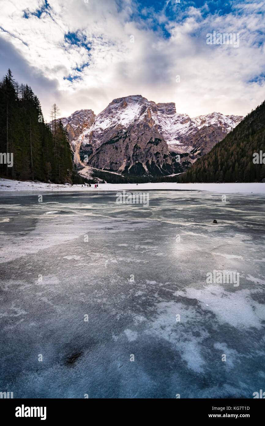 Winter scenery of frozen lake Braies at Dolomites alps, Italy Stock Photo -  Alamy