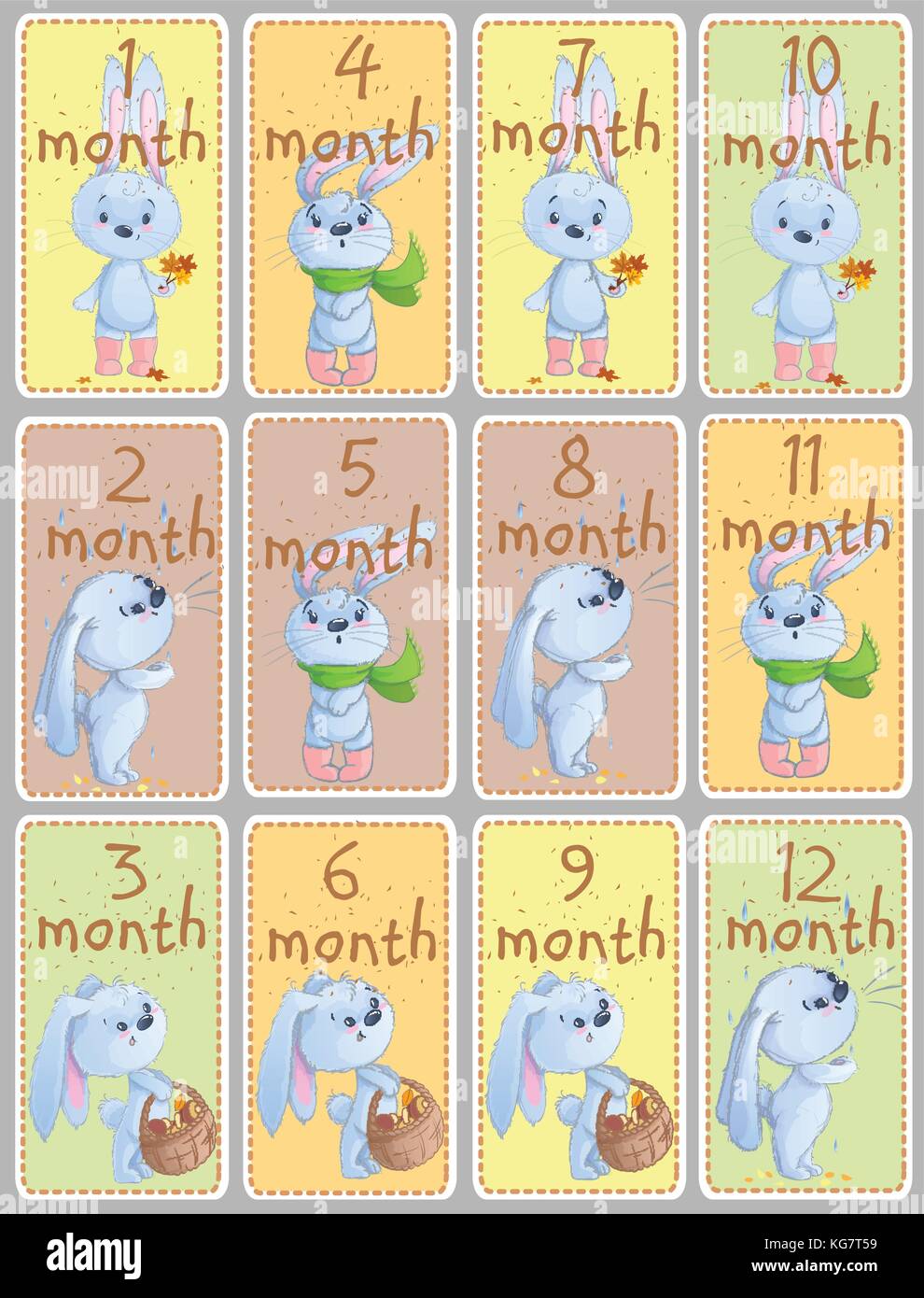 Set of month greeting labels with cute baby rabbits, baby animals, autumn theme, leafs, scarf for scrapbooking, baby clothing, stickers, games. Stock Vector