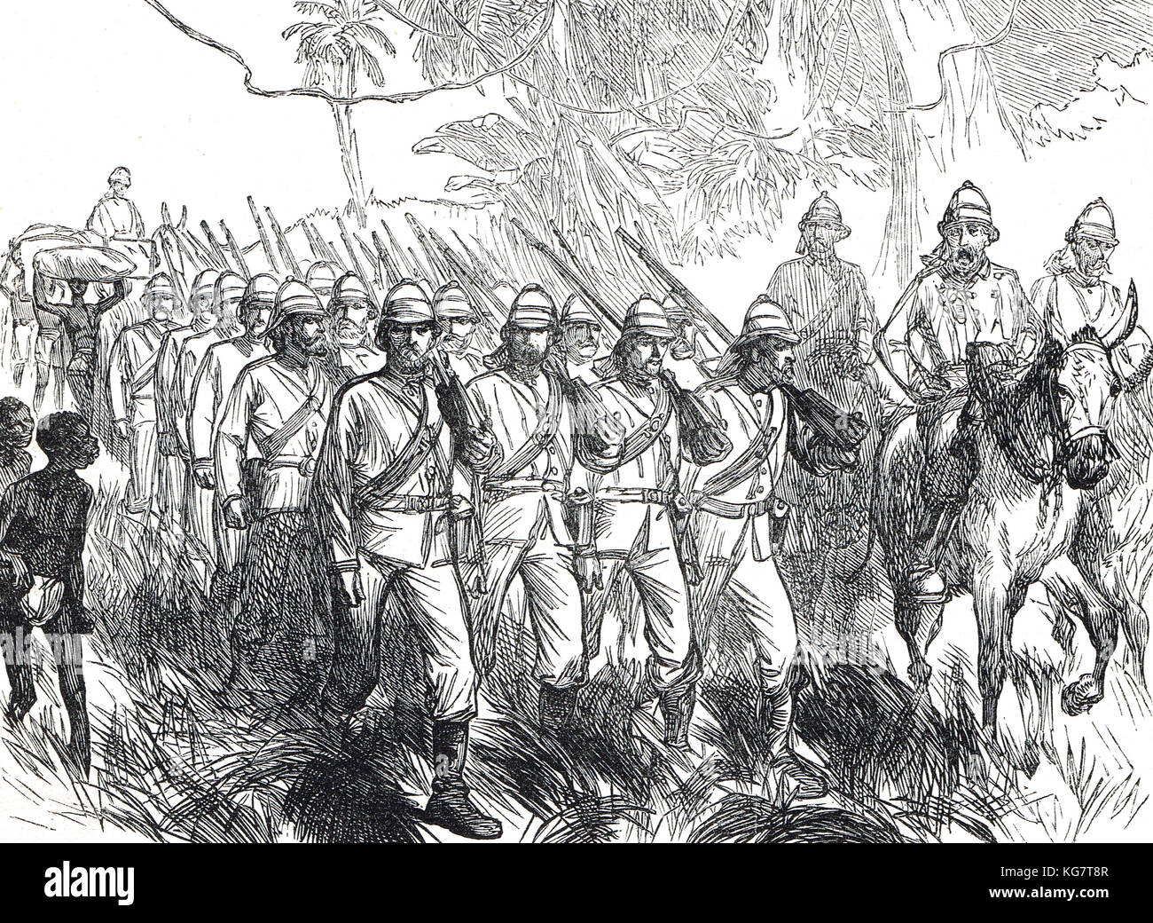 British Army marching On the road to Kumasi, Third Anglo-Ashanti War, First Ashanti Expedition, 1873-1874 Stock Photo