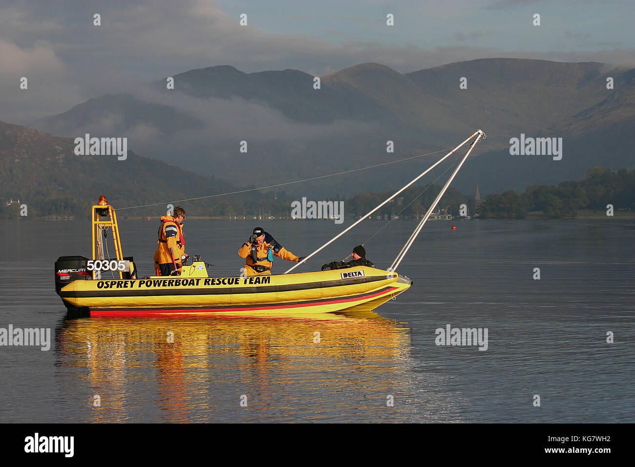 Safety boat on Lake Windermere, Uk during a week of high speed record