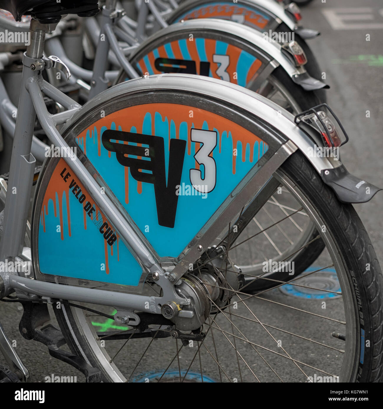 BORDEAUX, FRANCE - SEPTEMBER 07, 2017:  Closeup of VCUB (V3) hire bikes at a rental station in the city centre Stock Photo