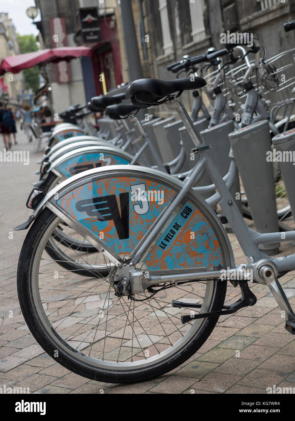 BORDEAUX, FRANCE - SEPTEMBER 07, 2017:  VCUB (V3) hire bikes at a rental station in the city centre Stock Photo