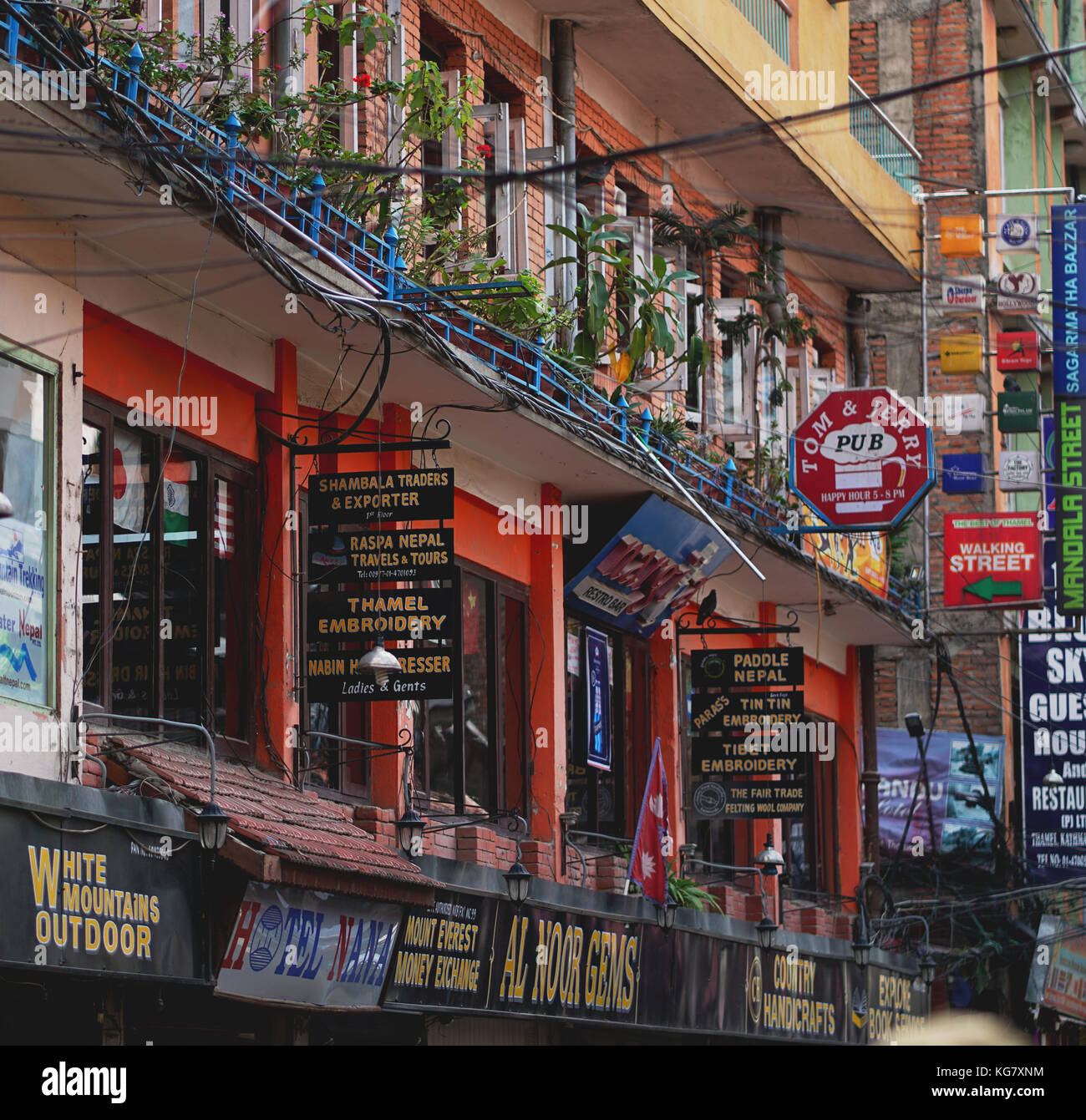 Row of Shops Outdoor Equipment, Bar, Pub and Cafe in Thamel Stock Photo