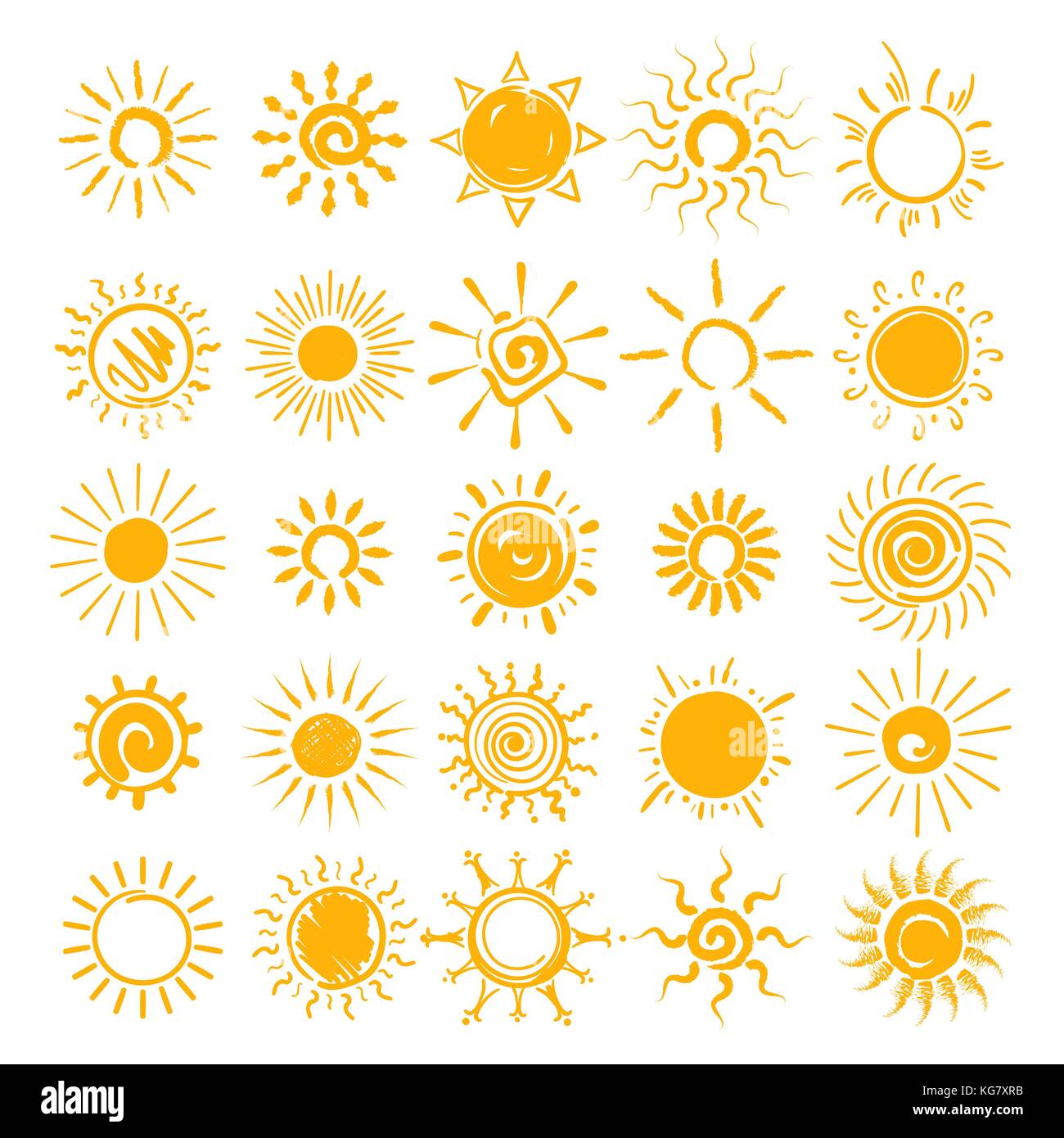Sun illustration. Vector hands drawn sun icons, doodle cartoon morning summer sketch suns isolated on white background Stock Vector