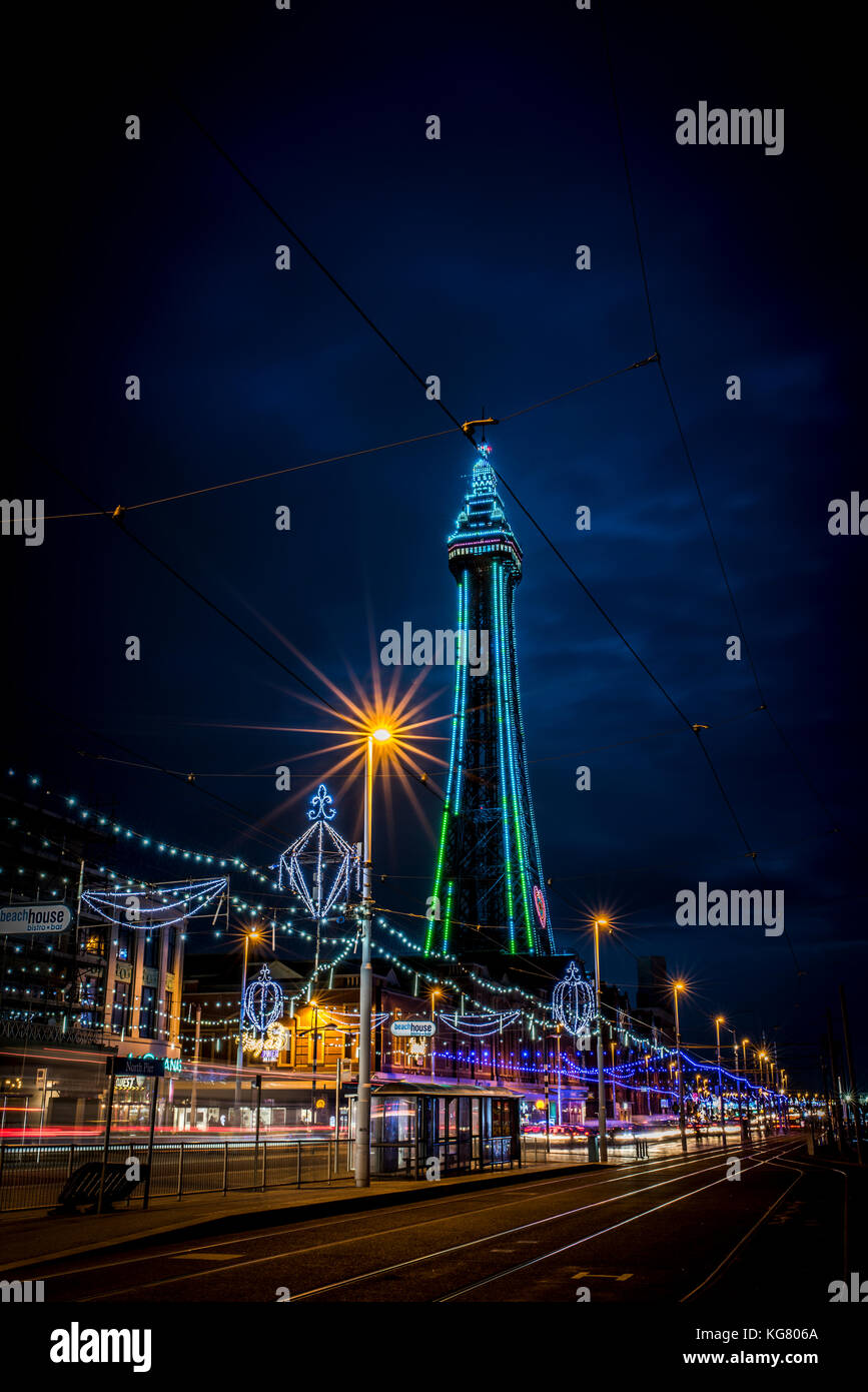 Blackpool Tower and promenade during the Blackpool Illuminations Stock Photo