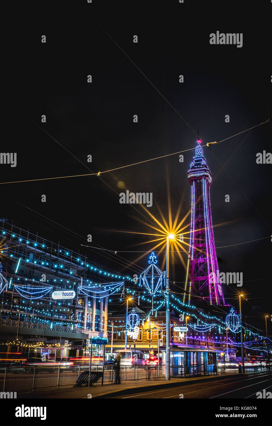 Blackpool Tower and promenade during the Blackpool Illuminations Stock Photo