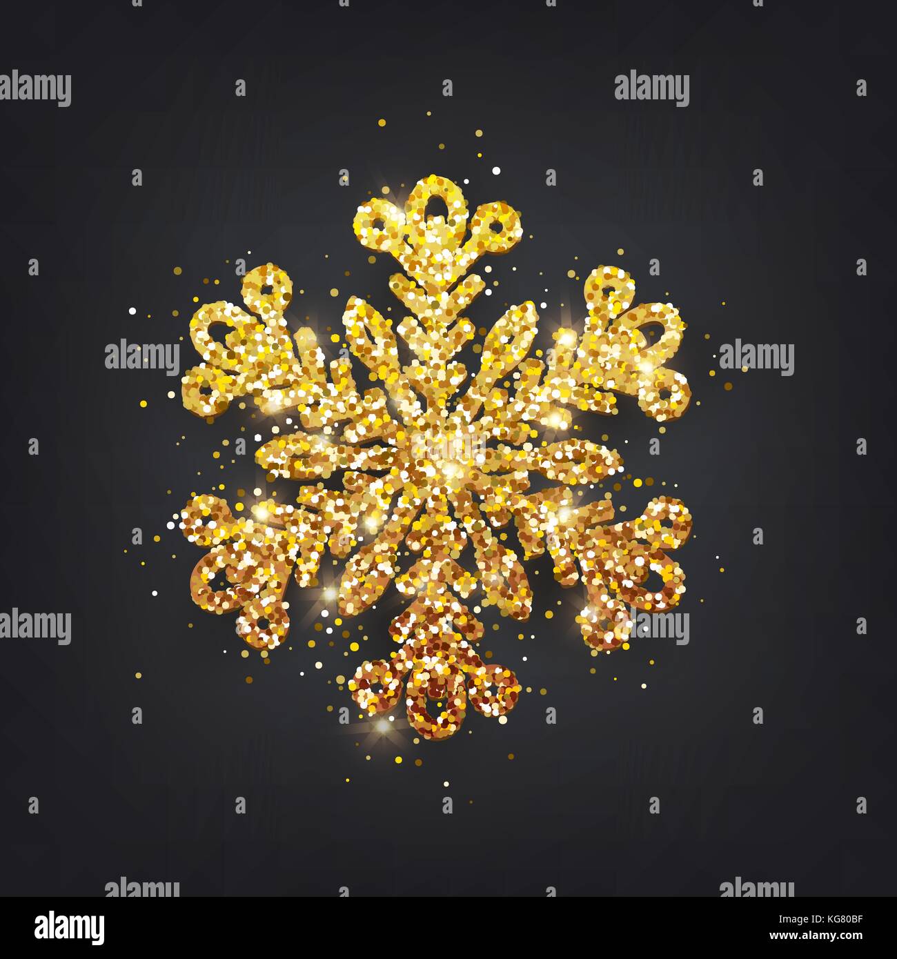 Glitter covered gold snowflake with on transparent background. Greeting ...