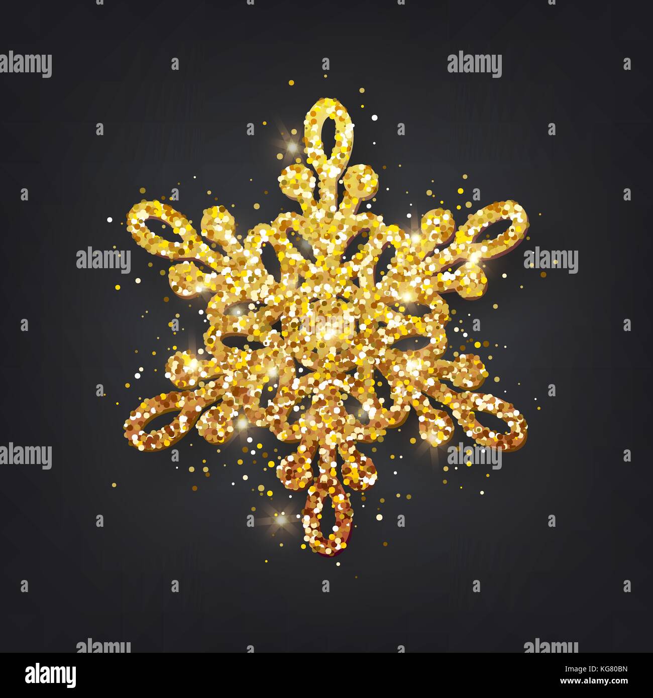Glitter covered gold snowflake with on transparent background. Greeting ...