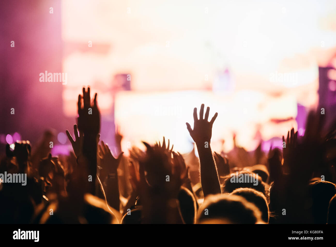 Cheering crowd at concert enjoying music performance Stock Photo