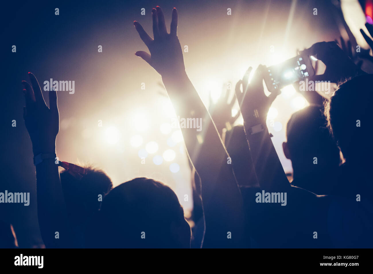 Cheering crowd with hands in air at music festival Stock Photo - Alamy