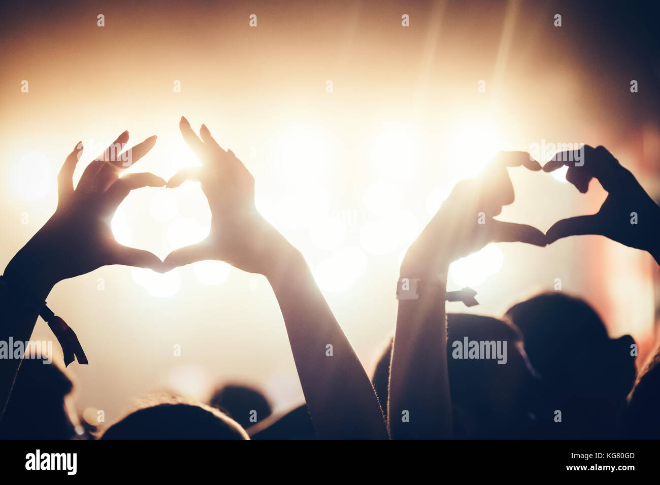 Cheering crowd with hands in air at music festival Stock Photo - Alamy