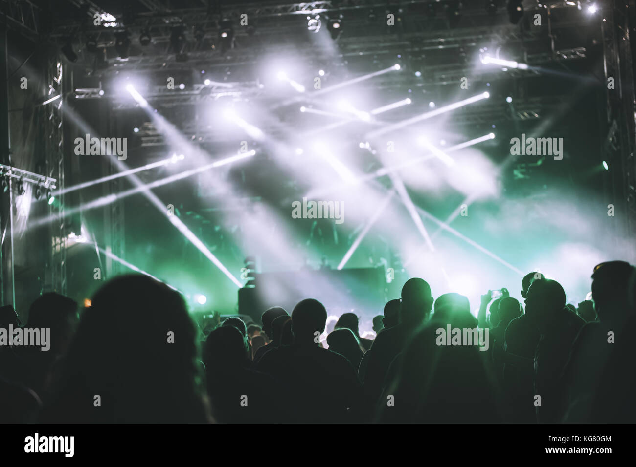 Cheering crowd with hands in air at music festival Stock Photo - Alamy
