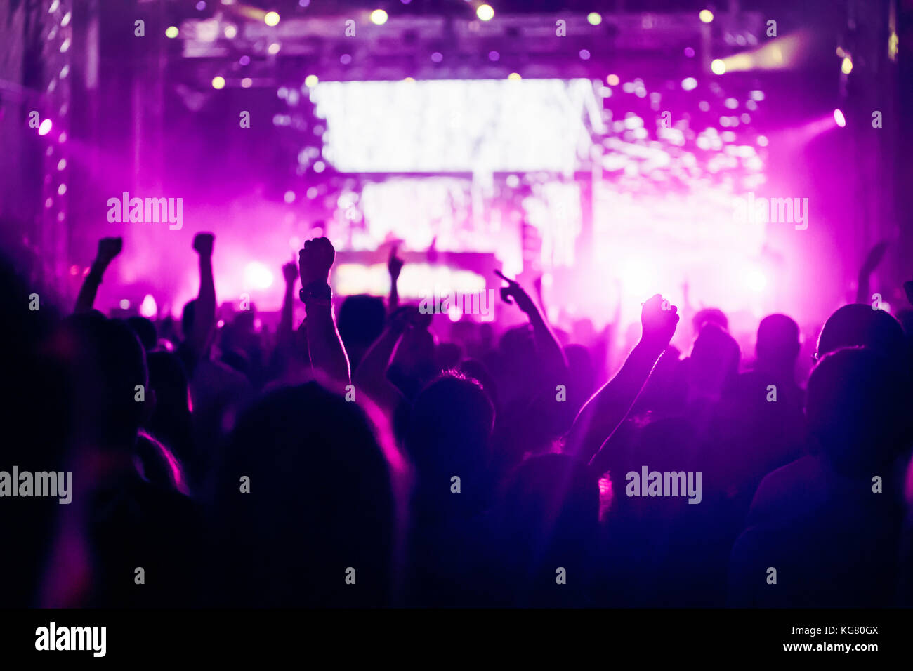 Cheering crowd with hands in air at music festival Stock Photo - Alamy