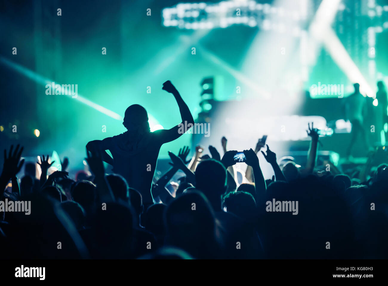 Cheering crowd with hands in air at music festival Stock Photo - Alamy