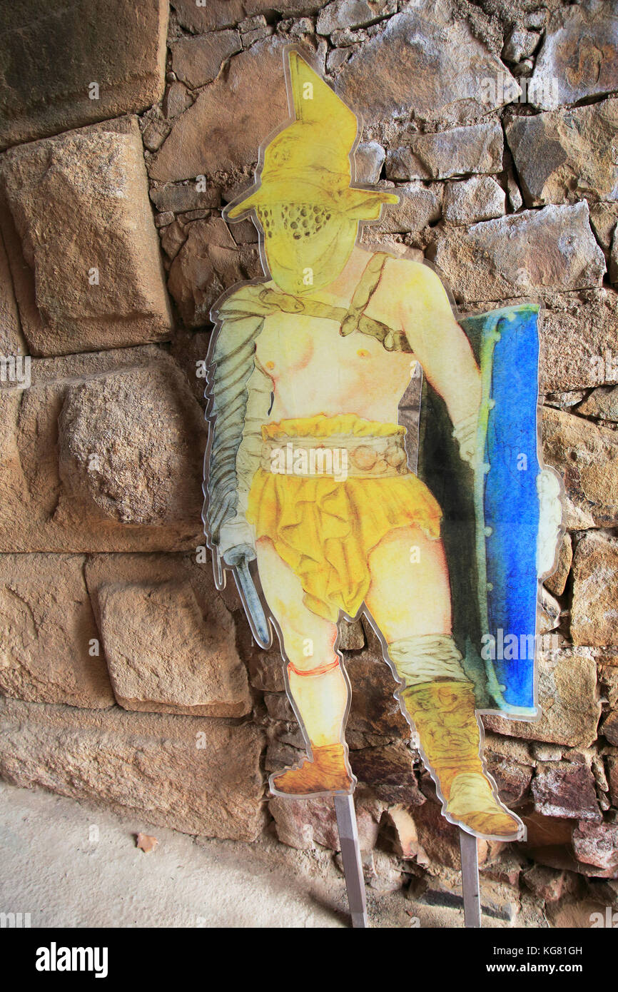 Myrmillo or Murmillo gladiator model, Circa Romano hippodrome, Merida, Extremadura, Spain Stock Photo