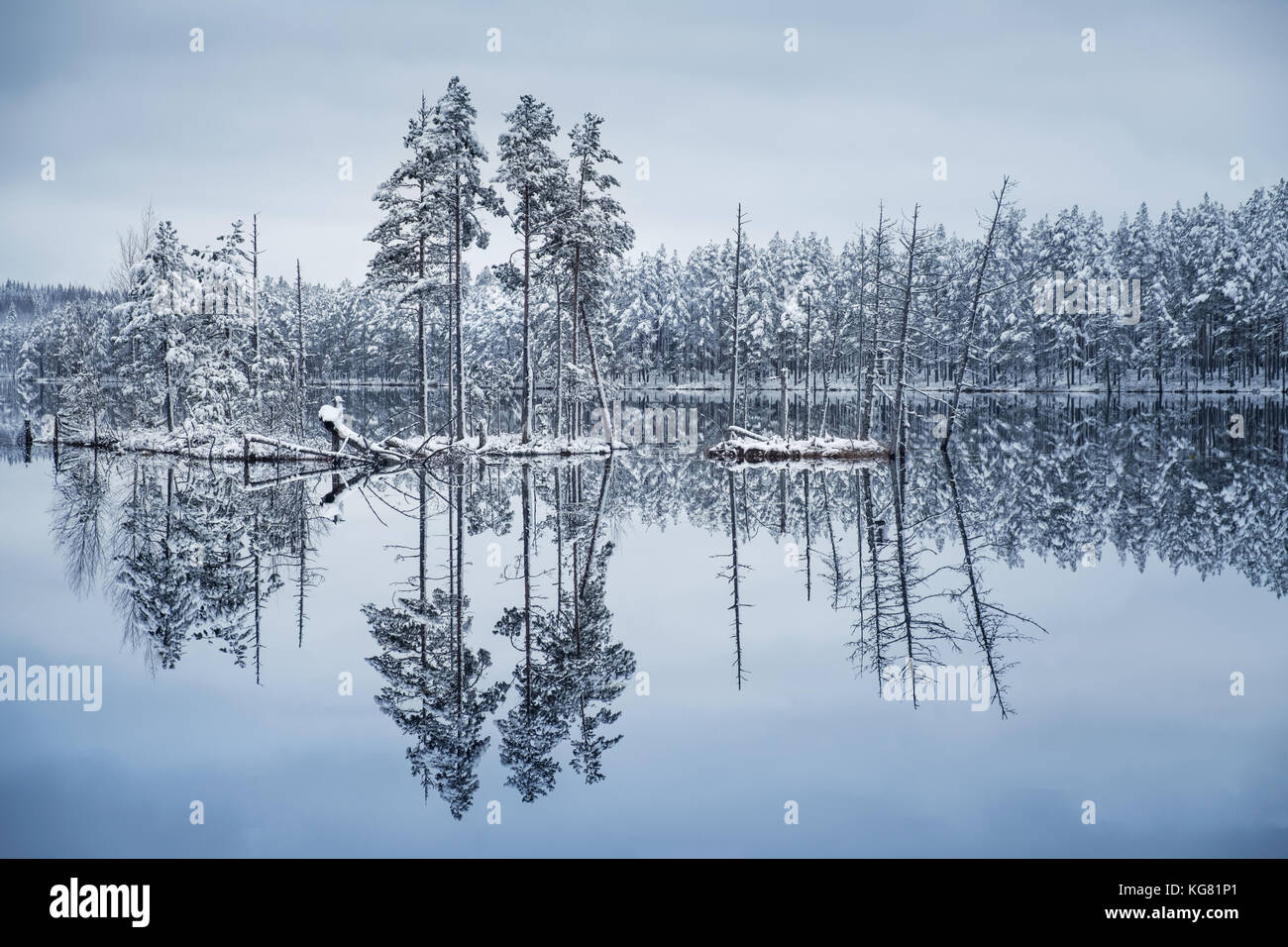 Scenic landscape with lake reflection and snow at winter evening Stock Photo