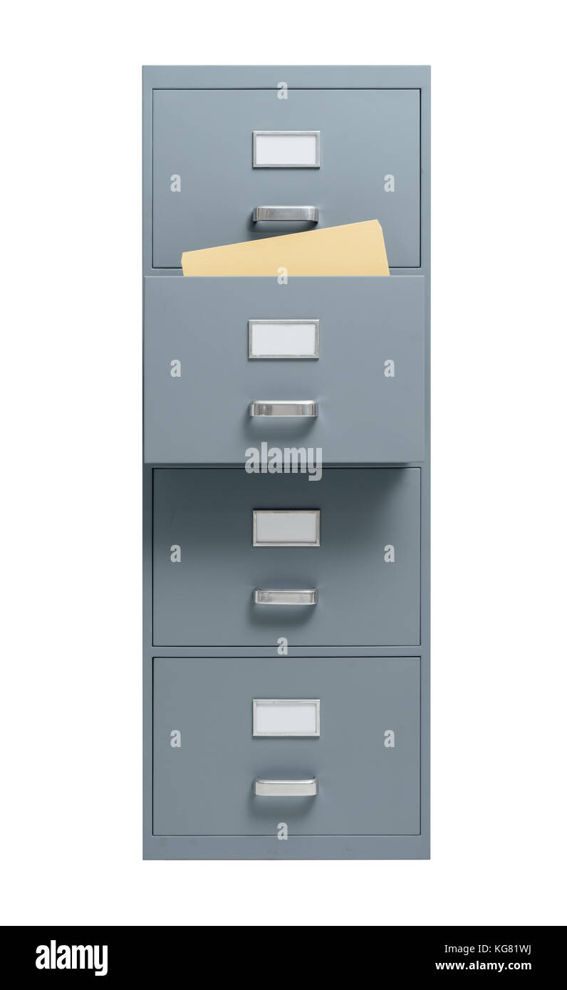 Filing cabinet with open drawer on white background, storage and administration concept Stock Photo