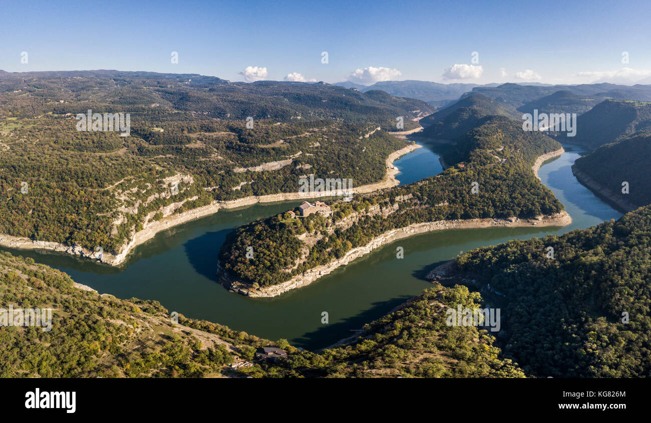 View of river Ter bend and a Benedictine monastery of Sant Pere de Casserres Stock Photo