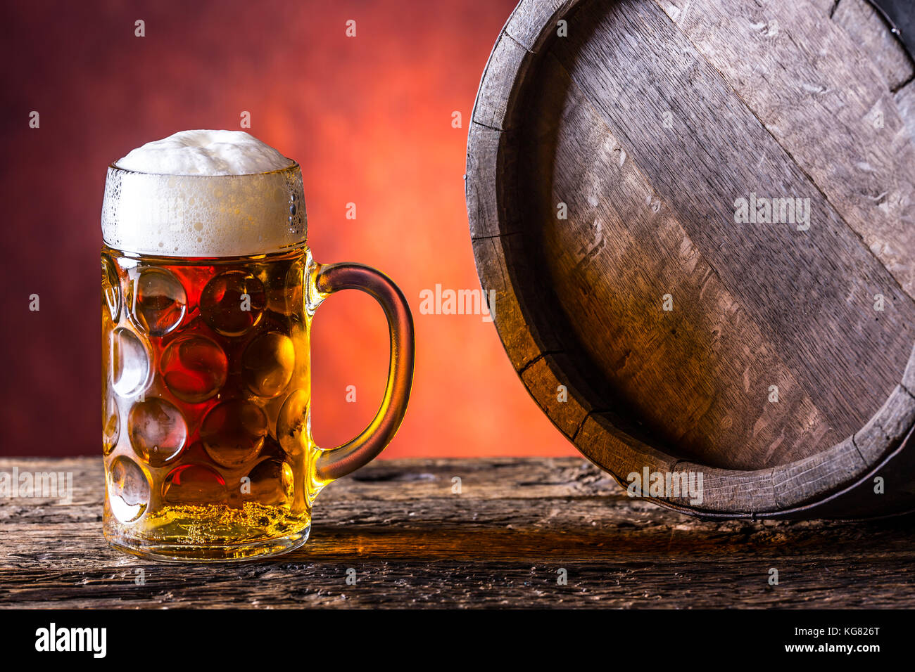 Beer with oak barrel. Draft beer. Draft ale. Golden beer. Golden ale