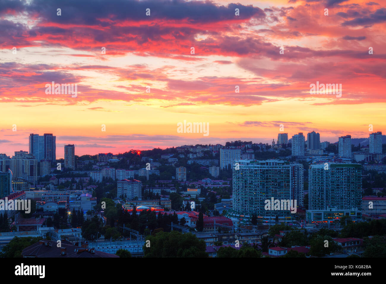 Aerial view of the Sochi city on the background of beautiful sky at ...