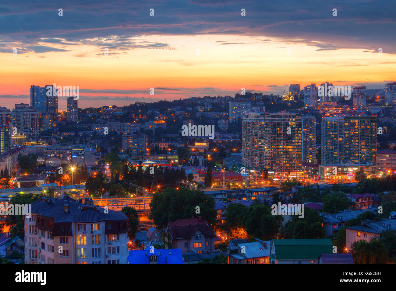 Beautiful aerial view of the illuminated city of Sochi on the ...