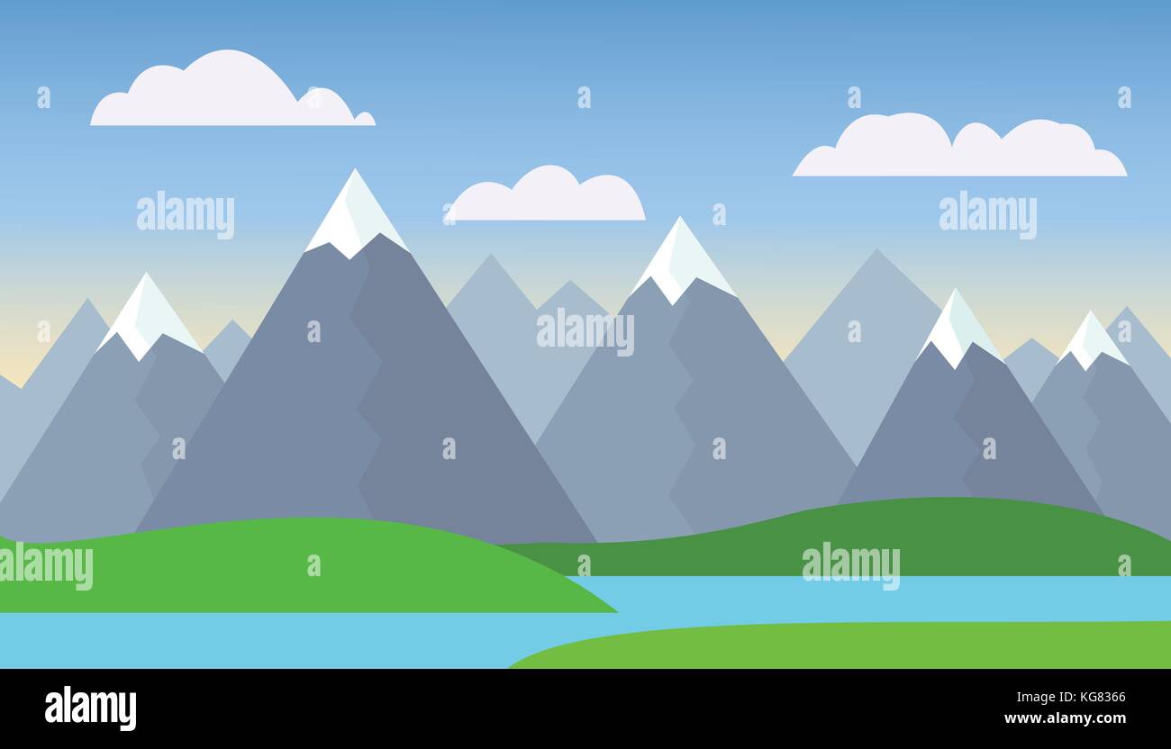 Mountain cartoon landscape with green hills and mountains with peaks under snow, with lake or river in front of mountains under blue sky with clouds w Stock Vector