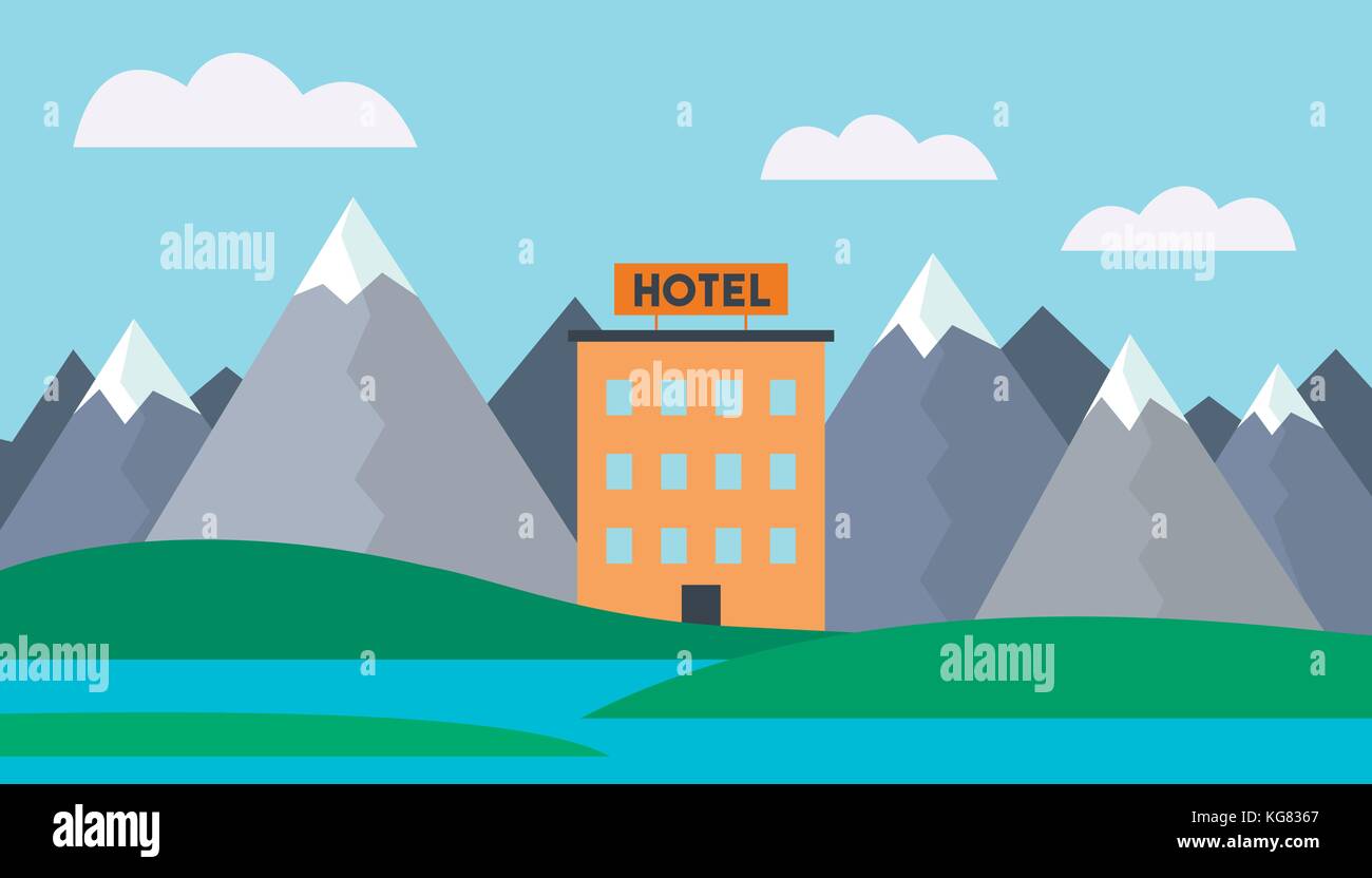 Realistic vector illustration of a mountain landscape with water and a hotel building on the shore of a lake under a blue sky with clouds - suitable f Stock Vector