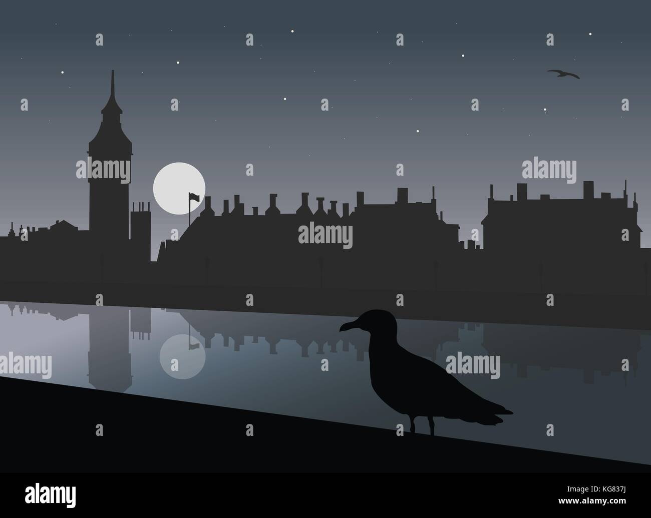 Night view of London with River Thames, Big Ben, Parliament and Westminster Palace with reflections in water under night sky with moon and stars and w Stock Vector