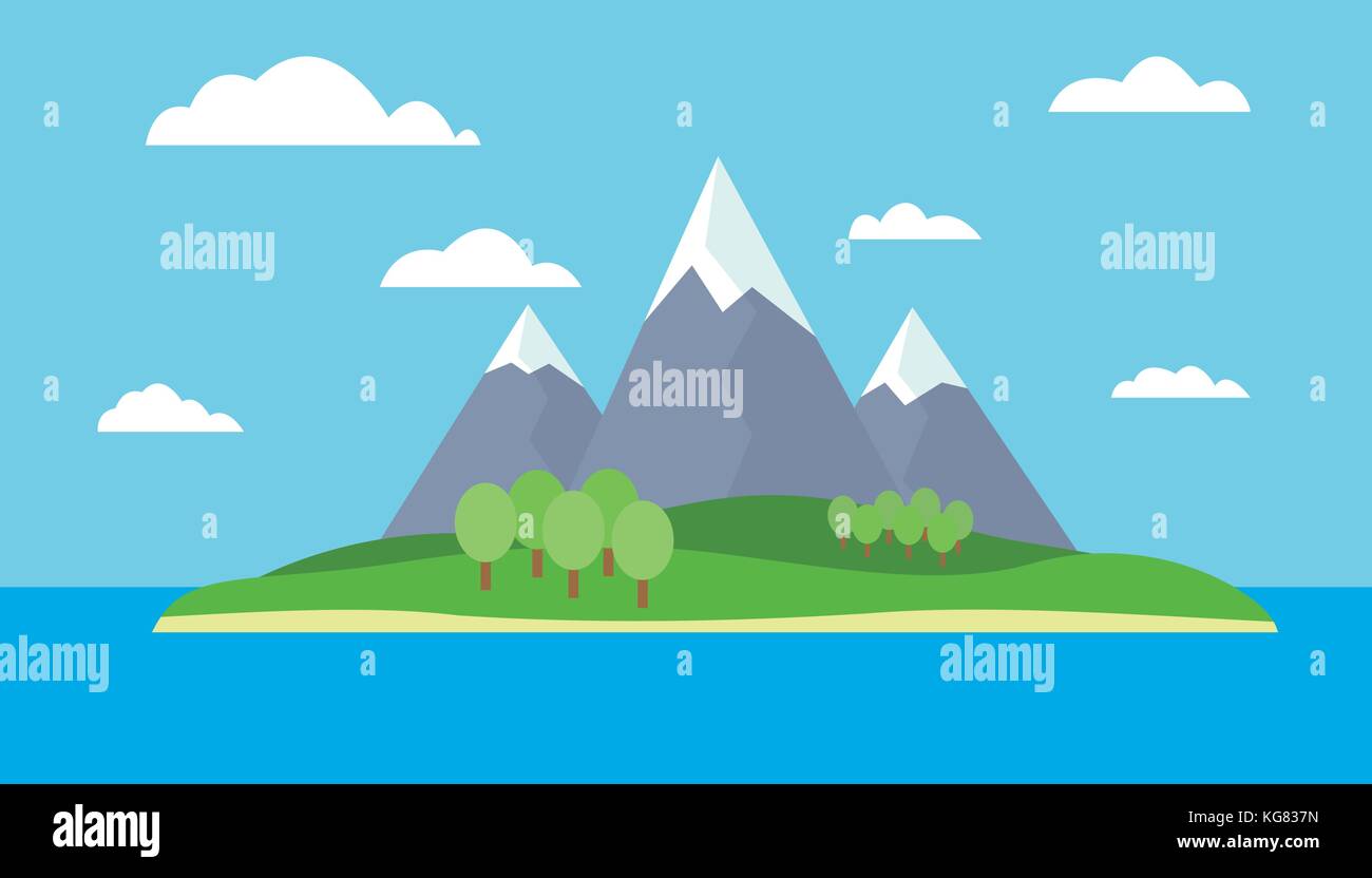 Mountain cartoon view of an island in the sea with green hills, trees and gray mountains with peaks under snow under a blue day sky with clouds with a Stock Vector