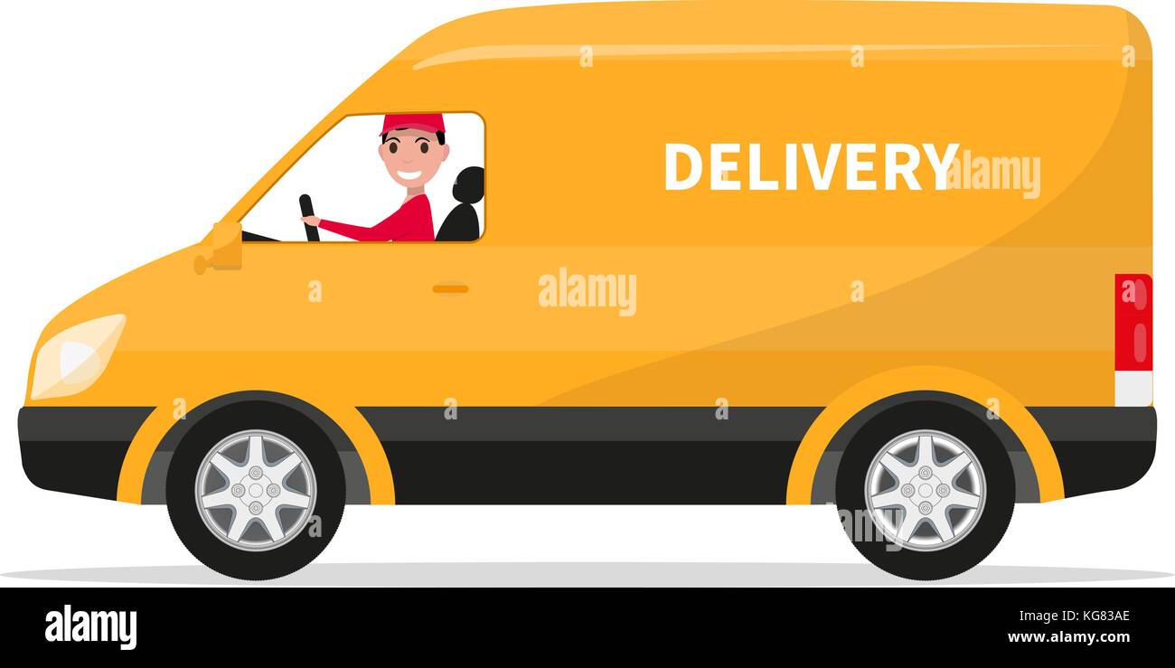 Vector cartoon delivery van truck with deliveryman Stock Vector
