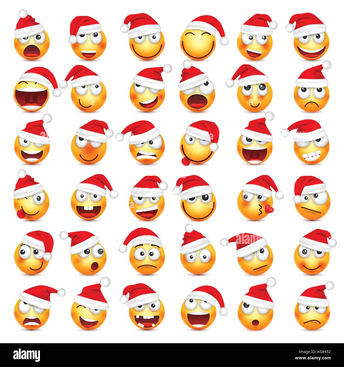 Smiley,emoticon set. Yellow face with emotions and Christmas hat. New Year, Santa.Winter emoji. Sad,happy,angry faces.Funny cartoon character.Mood. Vector. Stock Vector