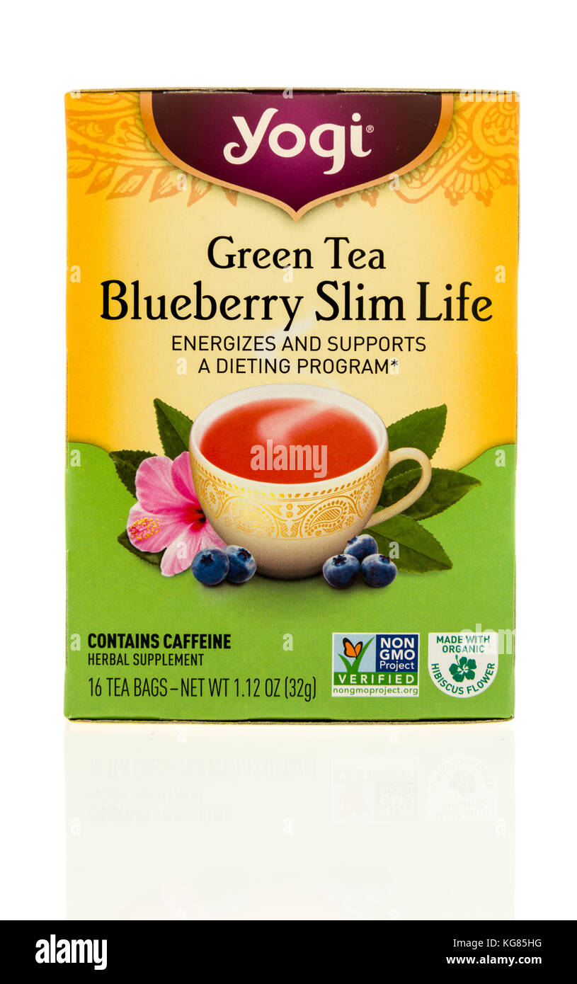 Winneconne, WI - 31 October 2017:  A container of Yogi blueberry slim life tea bags on an isolated background. Stock Photo