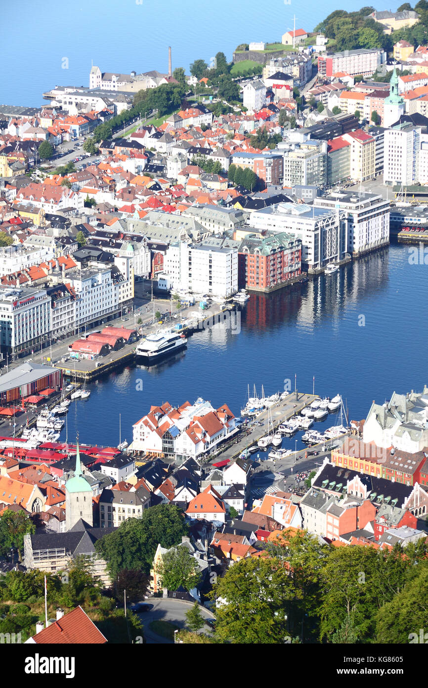 Vågen, the bay and harbour in Bergen City centre, viewed from Mount Fløyen, Norway Stock Photo