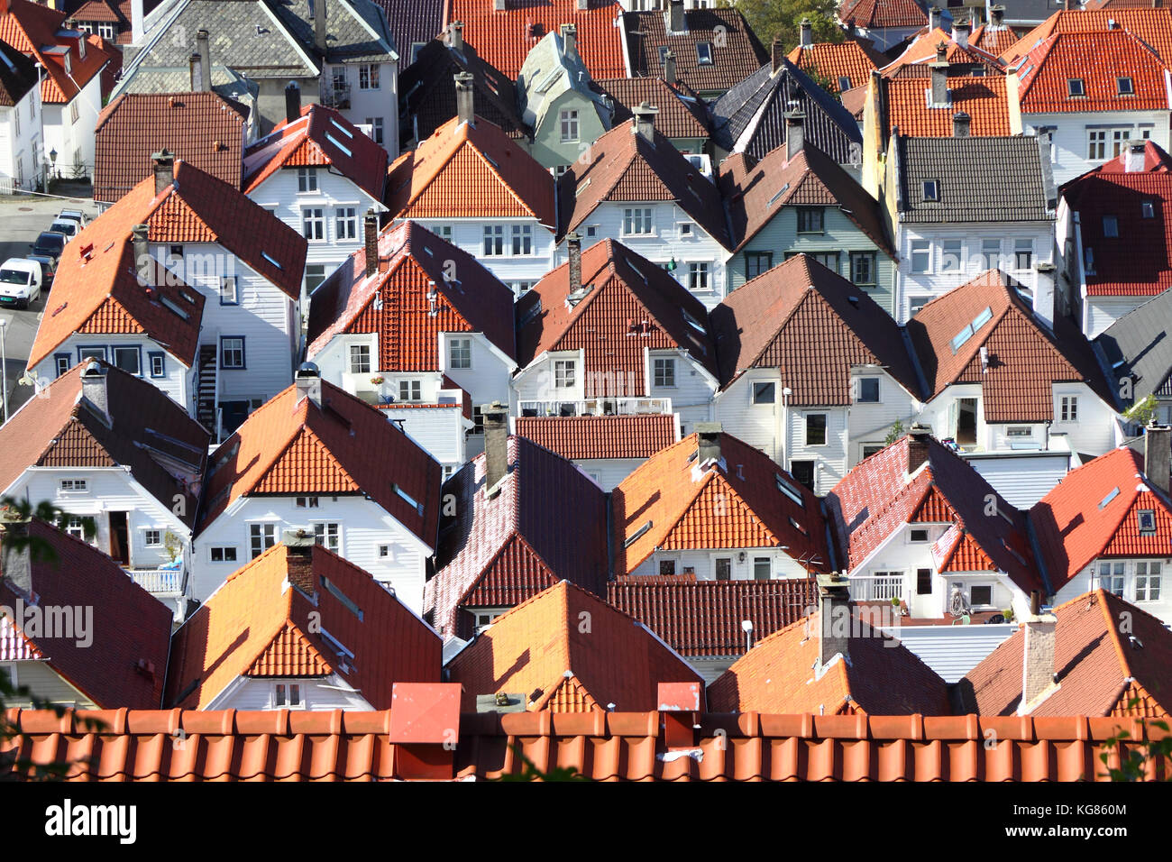 Pretty terracota rooftops of houses in the Bergenhus district of Bergen ...