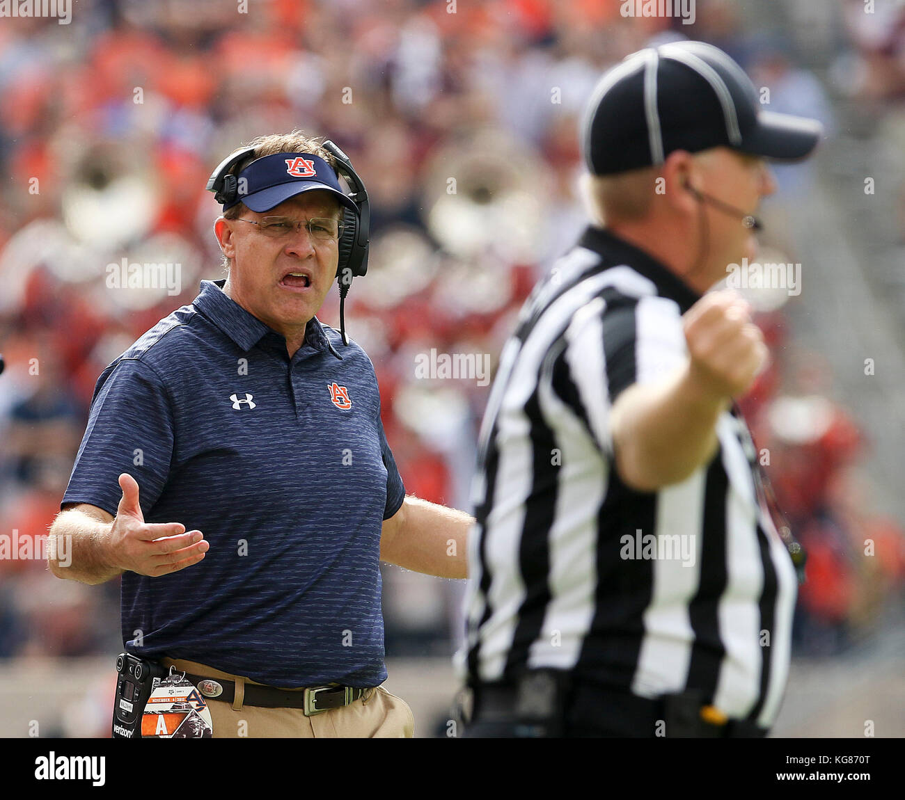 November 4, 2017: Auburn Tigers head coach Gus Malzahn questions a call in the first quarter during the NCAA football game between the Auburn Tigers and the Texas A&M Aggies at Kyle Field in College Station, TX; John Glaser/CSM. Stock Photo