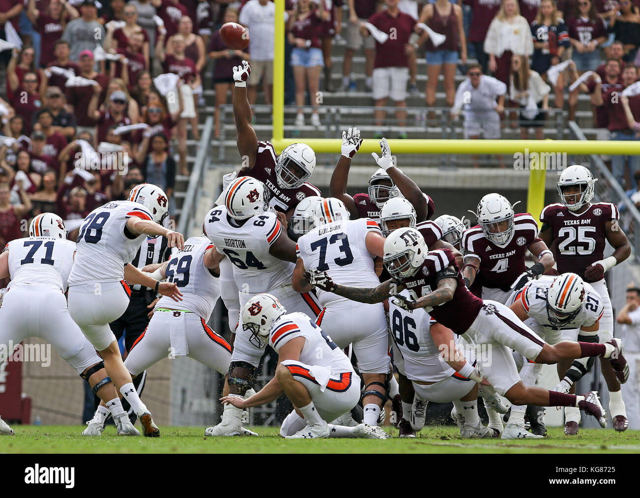 November 4, 2017: Texas A&M Aggies defensive lineman Justin Madubuike (95) blocks a field goal attempt by the Auburn Tigers in the first quarter during the NCAA football game between the Auburn Tigers and the Texas A&M Aggies at Kyle Field in College Station, TX; John Glaser/CSM. Stock Photo