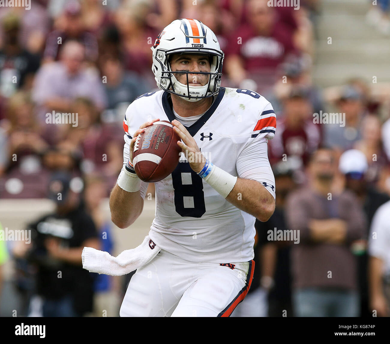 November 4, 2017: Auburn Tigers quarterback Jarrett Stidham (8) drops back to pass in the second quarter during the NCAA football game between the Auburn Tigers and the Texas A&M Aggies at Kyle Field in College Station, TX; John Glaser/CSM. Stock Photo