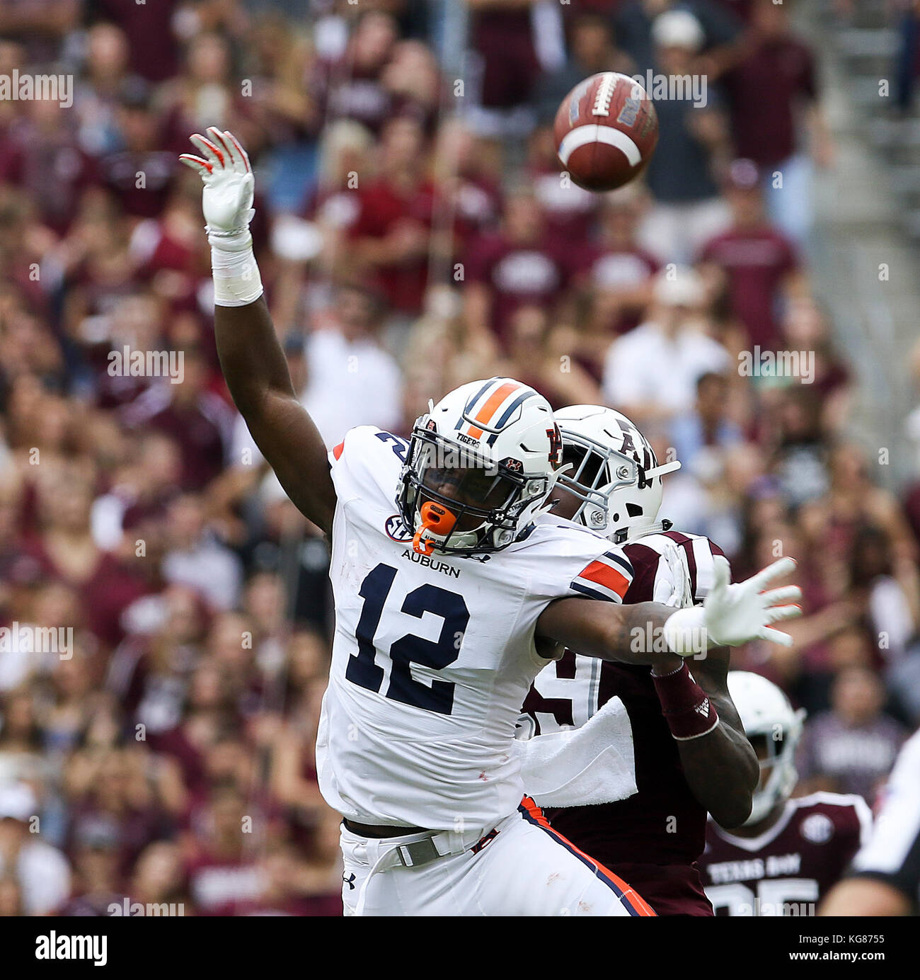 November 4, 2017: Auburn Tigers wide receiver Eli Stove (12) reaches for a pass that sails over his head in the second quarter during the NCAA football game between the Auburn Tigers and the Texas A&M Aggies at Kyle Field in College Station, TX; John Glaser/CSM. Stock Photo