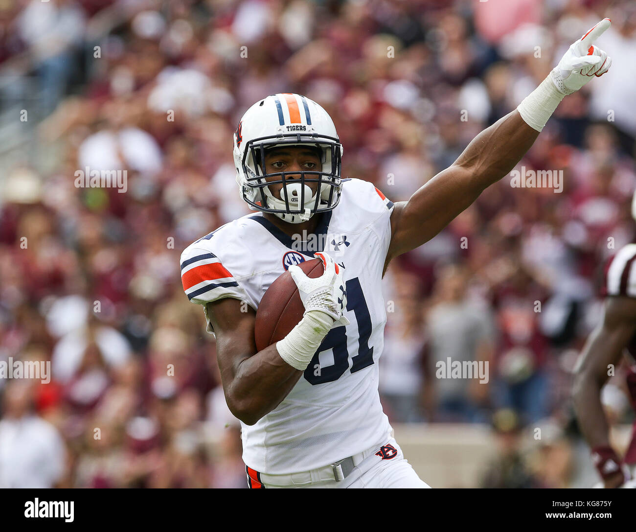 November 4, 2017: Auburn Tigers wide receiver Darius Slayton (81) celebrates after catching a 53 yard touchdown pass in the second quarter during the NCAA football game between the Auburn Tigers and the Texas A&M Aggies at Kyle Field in College Station, TX; John Glaser/CSM. Stock Photo