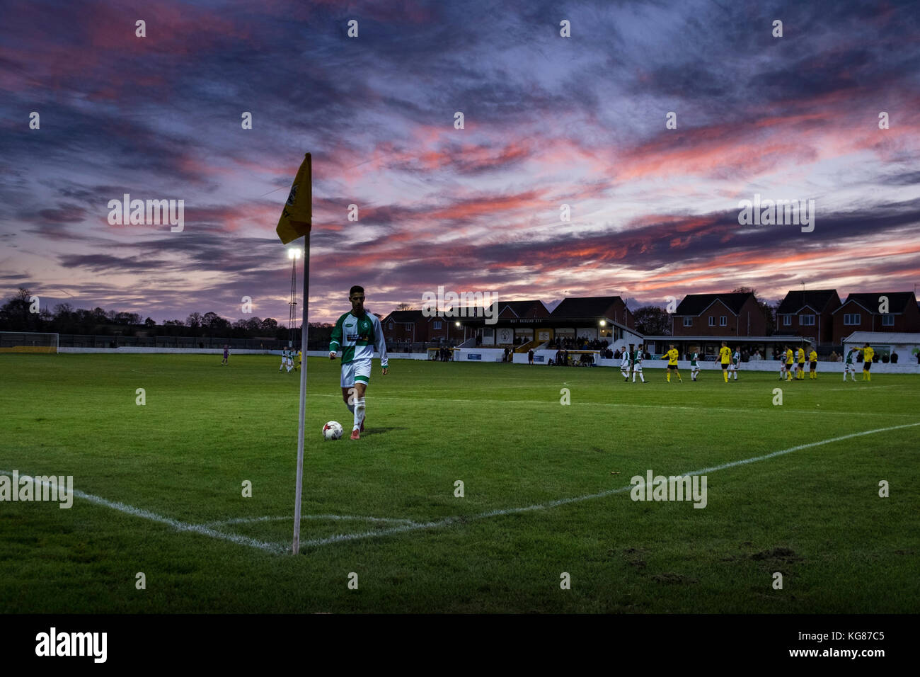 West Auckland, County Durham, UK. 4th November, 2017.  A Billingham Synthonia player takes a corner in their 4-0 away defeat to West Auckland in the Northern League Division 1 (c) Paul Swinney/Alamy Live News Stock Photo