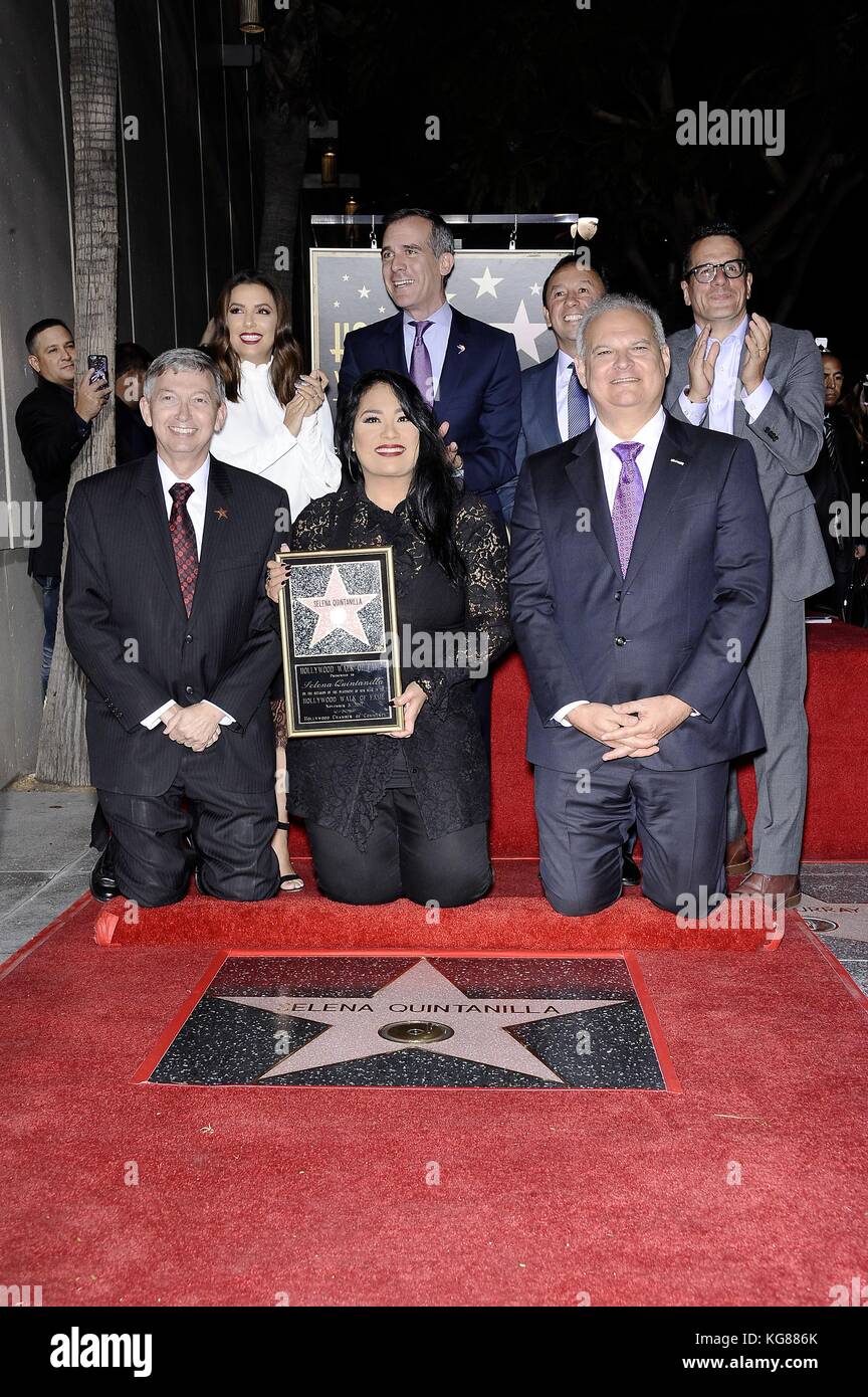 Los Angeles, CA, USA. 3rd Nov, 2017. Leron Gubler, Eva Longoria, Suzette Quintanilla, Eric Garcetti, Victor Gonzalez, Jeff Zarrinnam at a public appearance for Star on the Hollywood Walk of Fame for Selena Quintanilla, Hollywood Boulevard, Los Angeles, CA November 3, 2017. Credit: Michael Germana/Everett Collection/Alamy Live News Stock Photo
