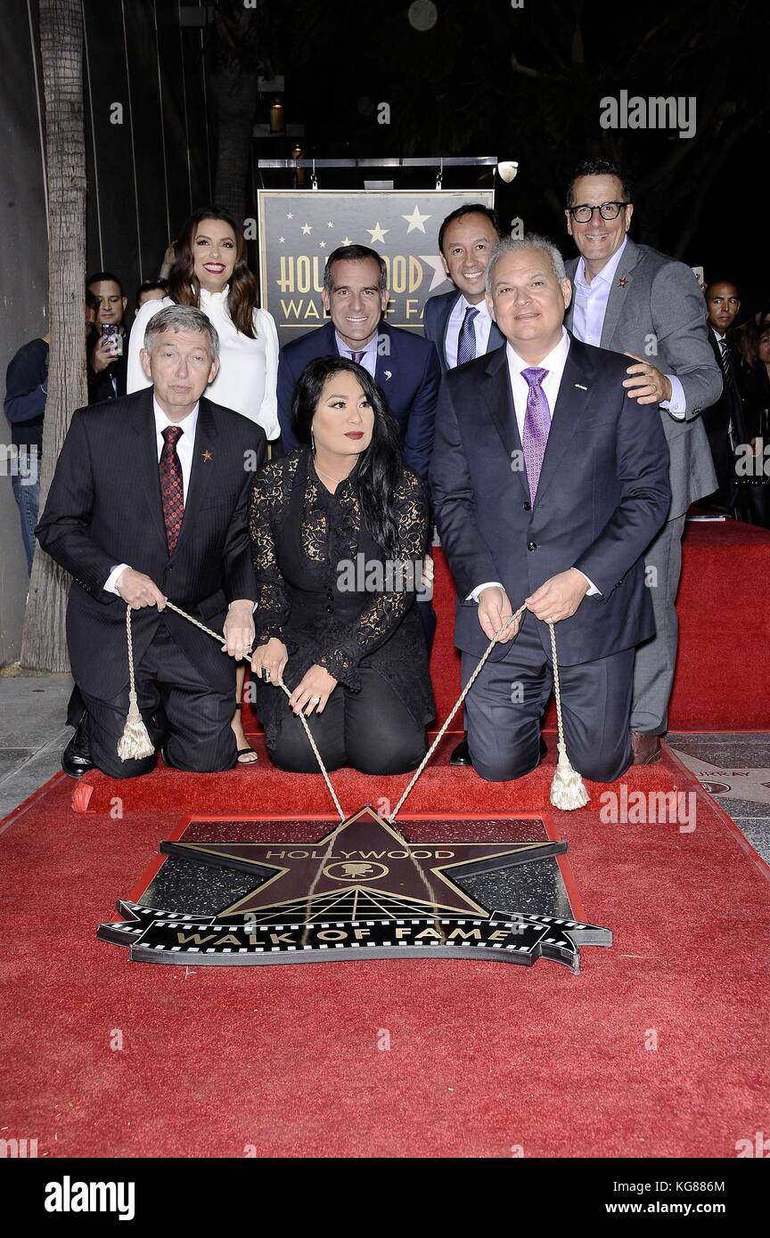 Los Angeles, CA, USA. 3rd Nov, 2017. Leron Gubler, Eva Longoria, Suzette Quintanilla, Eric Garcetti, Victor Gonzalez, Jeff Zarrinnam at a public appearance for Star on the Hollywood Walk of Fame for Selena Quintanilla, Hollywood Boulevard, Los Angeles, CA November 3, 2017. Credit: Michael Germana/Everett Collection/Alamy Live News Stock Photo