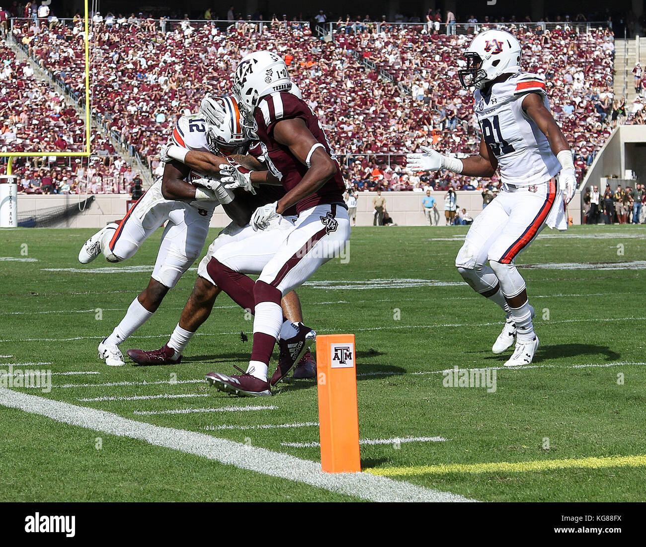 November 4, 2017: Auburn Tigers wide receiver Eli Stove (12) is tackled in the third quarter during the NCAA football game between the Auburn Tigers and the Texas A&M Aggies at Kyle Field in College Station, TX; John Glaser/CSM. Stock Photo