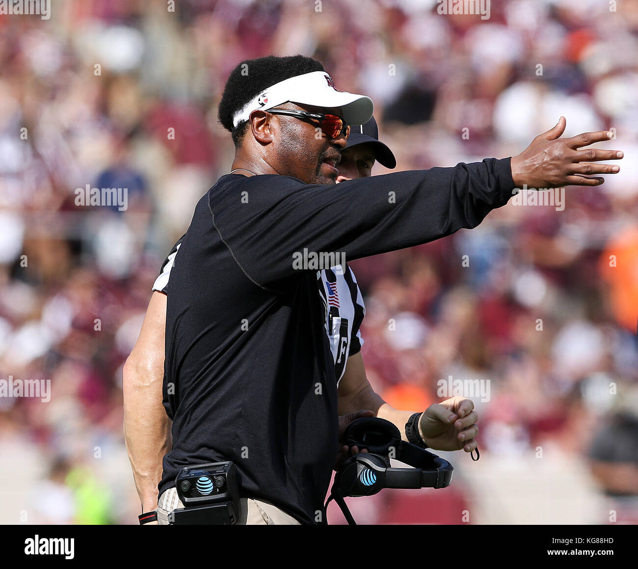 November 4, 2017: Texas A&M Aggies head coach Kevin Sumlin talks to an official in the third quarter during the NCAA football game between the Auburn Tigers and the Texas A&M Aggies at Kyle Field in College Station, TX; John Glaser/CSM. Stock Photo