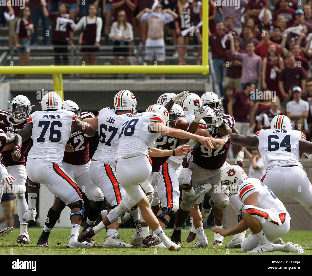 November 4, 2017: Texas A&M Aggies defensive back Armani Watts (23) blocks the kick of Auburn Tigers place kicker Daniel Carlson (38) in the third quarter during the NCAA football game between the Auburn Tigers and the Texas A&M Aggies at Kyle Field in College Station, TX; John Glaser/CSM. Stock Photo