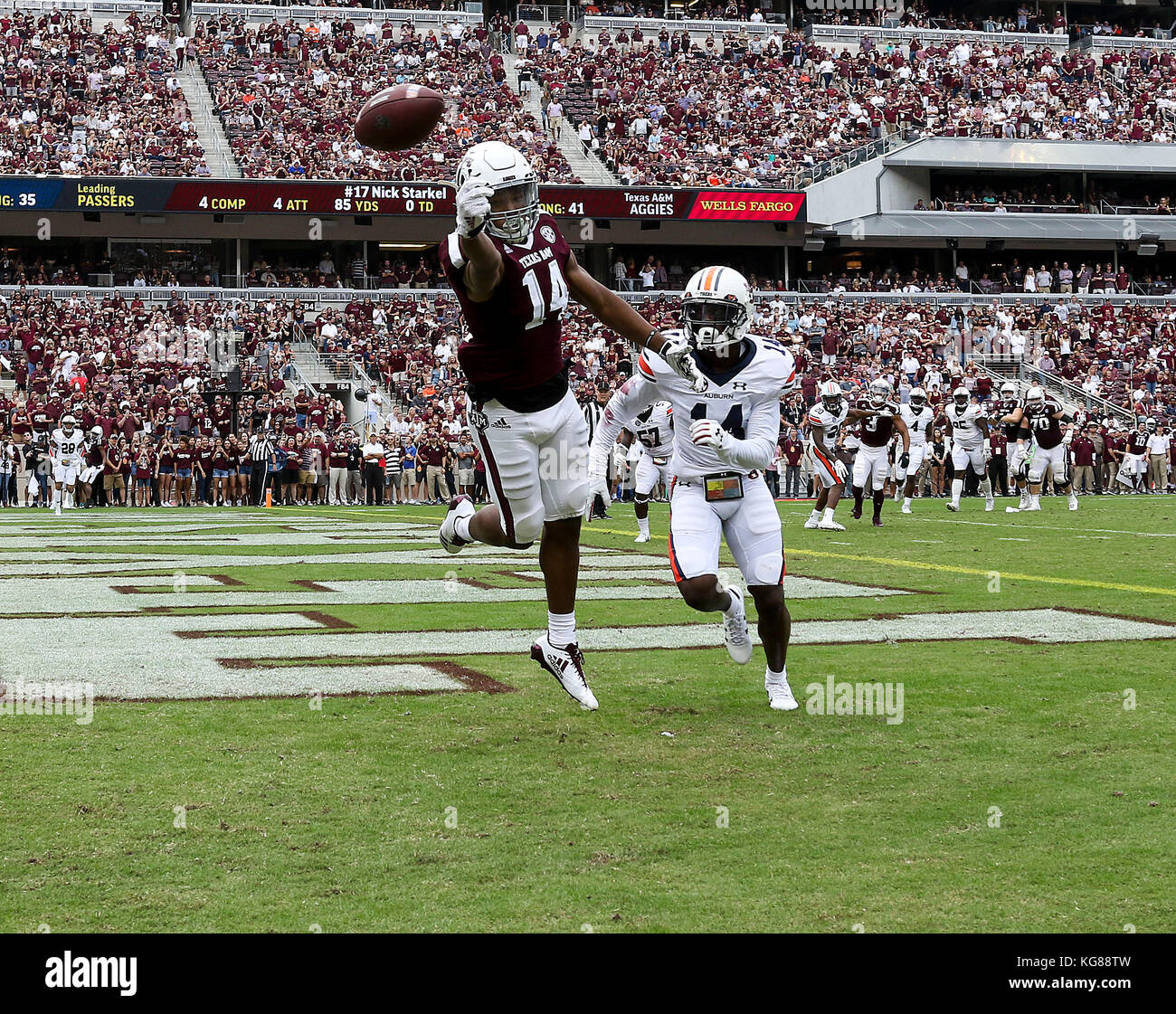 November 4, 2017: Texas A&M Aggies wide receiver Camron Buckley (14) reaches for a pass that sails over his head in the second quarter during the NCAA football game between the Auburn Tigers and the Texas A&M Aggies at Kyle Field in College Station, TX; John Glaser/CSM. Stock Photo