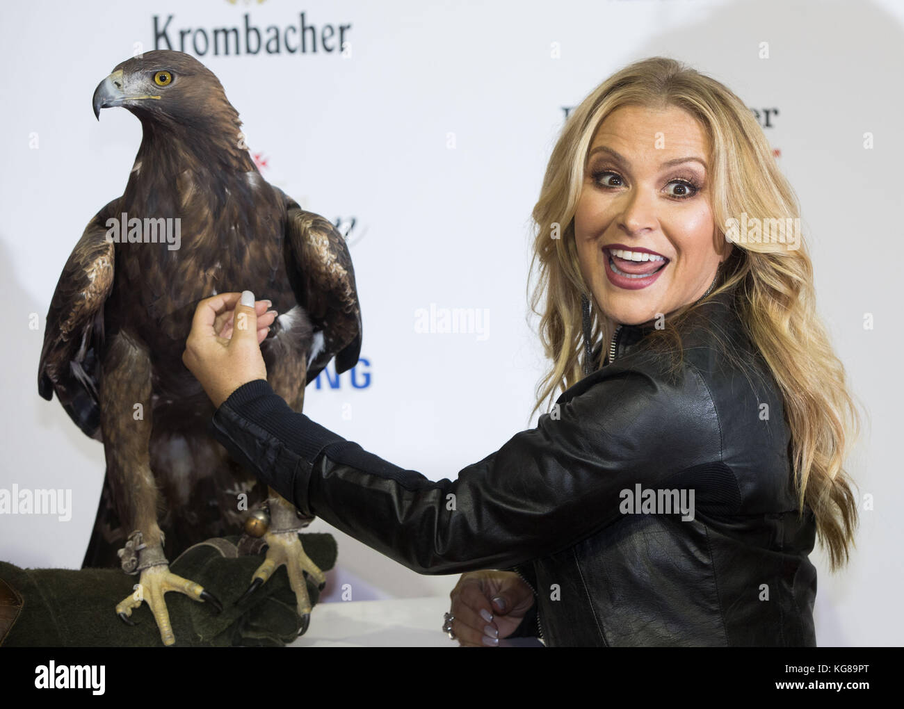 Singer Anastacia poses with hawk 'Attila', the mascot of soccer club ...