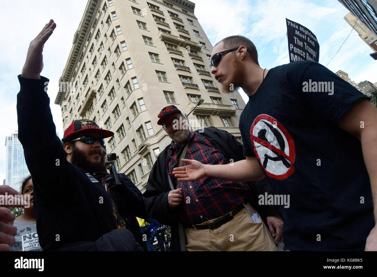 Philadelphia, United States. 04th Nov, 2017. Protestors participating in a Refuse Fascism rally engage in discussion with counter-protestors, including white supremacists, during a Anti-Trump/Pence protest in Center City, on November 4, 2017, in Philadelphia, PA. At least one arrest was made and one received medial attention after an altercation between the two groups. Credit: Bastiaan Slabbers/Alamy Live News Stock Photo